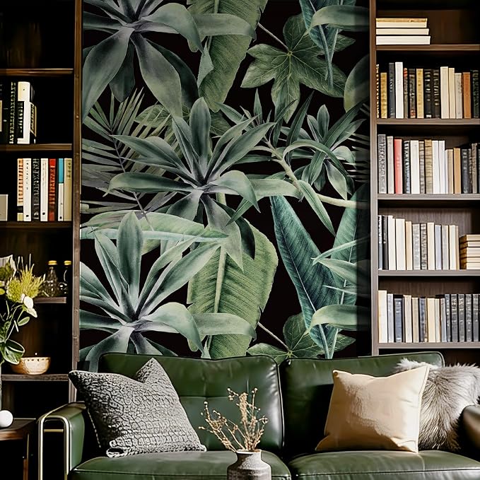 Tropical Peel and Stick Watercolor Green Leaves Wall Mural, Leather Textured Vintage Self-Adhesive Wallpaper for Accent Wall Decor, Black Background, 46.3'' x 98.03'' - Image 2