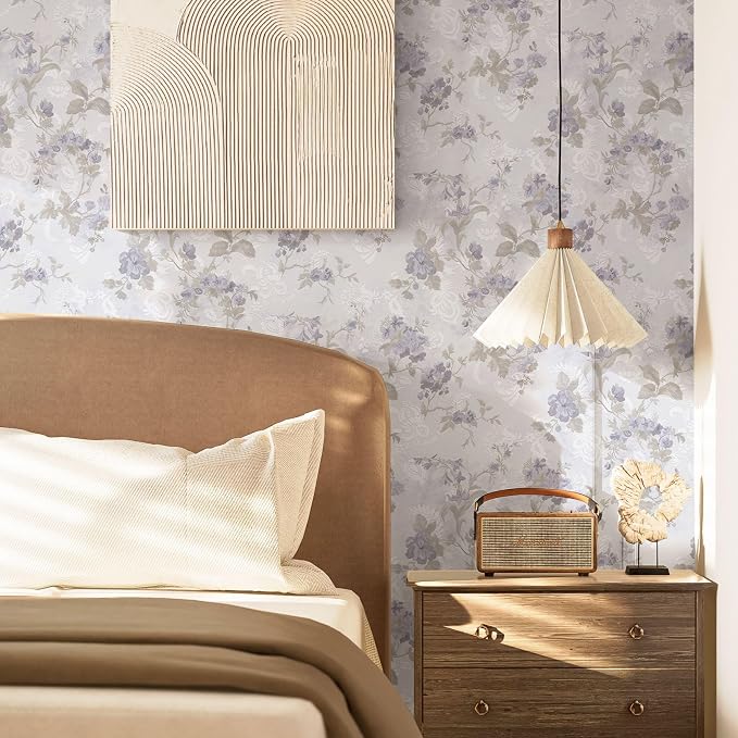 Ismoon Vintage Wallpaper Floral Peel and Stick Wallpaper 17.3in x6.56ft Gray Country Retro Flower Wall Paper Texture Removable Stick on Wall Paper for Bathroom Cabinets Countertops Self-Adhesive Vinyl - Image 2