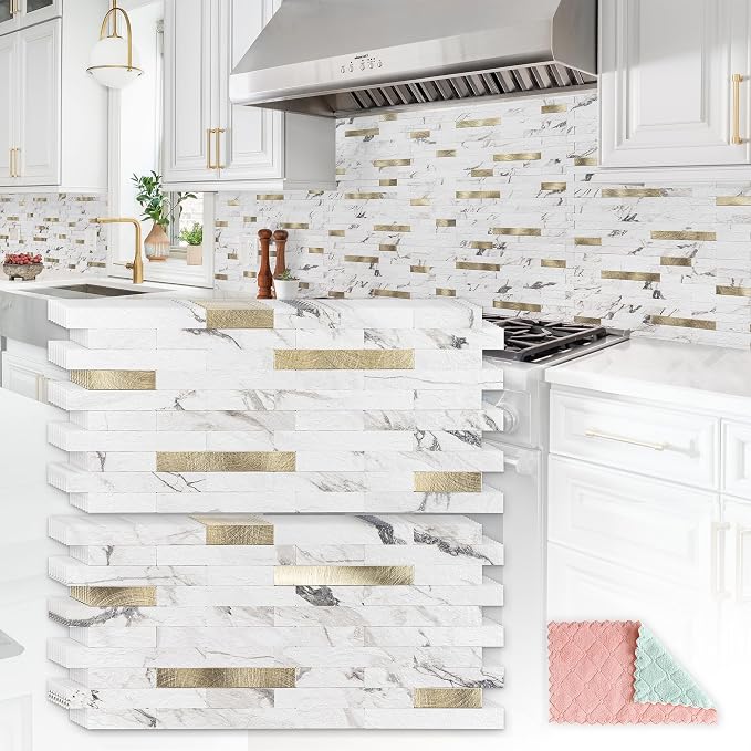 StyloVue 20 Sheets Peel and Stick Backsplash for Kitchen, Volakas White Marble Look with Gold Metal, Stick on Tile for Kitchen Backsplash, RV, Fireplace by StyloVue