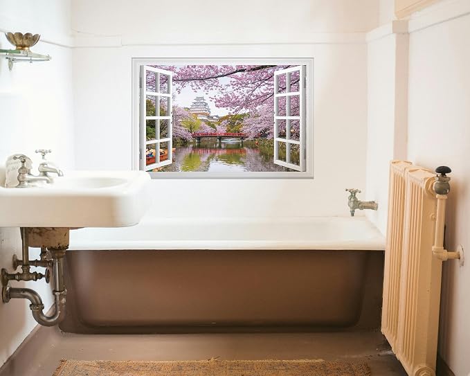 FLFK Fake Window Wall Mural - Cherry Blossom Faux Window Wall Sticker for Wall Decor, Peel and Stick Wall Decals,48"x32",Set of 2 Sheets - Image 4
