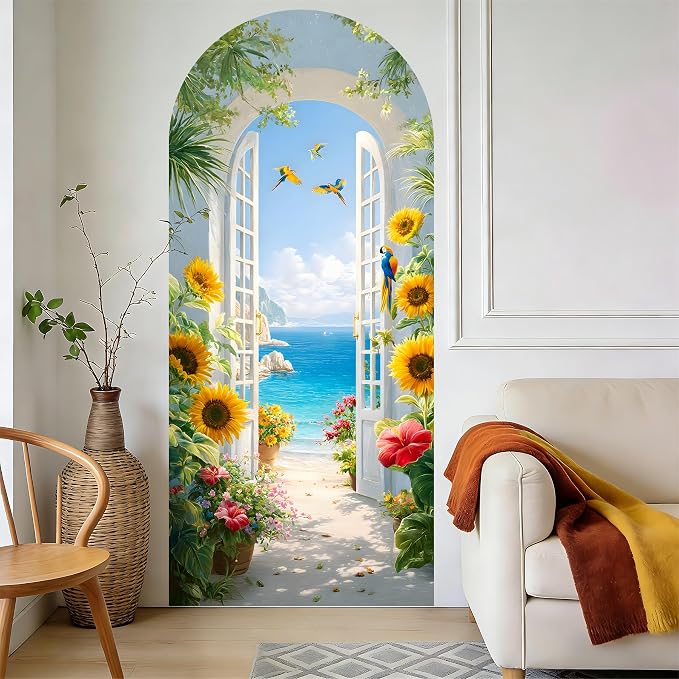 Arch Wall Decals Peel and Stick, Large Wall Stickers, Removable Home Decor Art Wallpaper for Bedroom Living Room, Floral Pattern, 71'' 31.7'' - Image 6