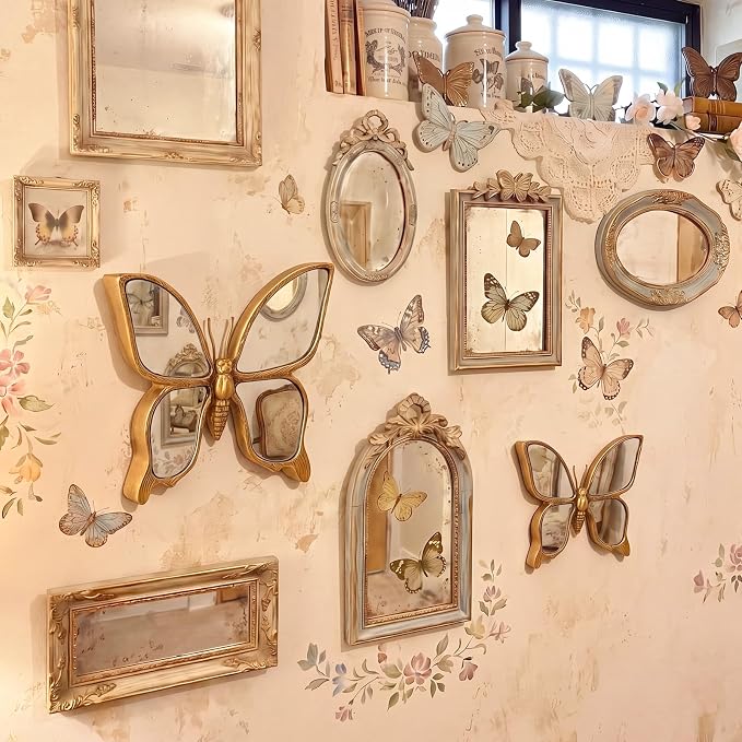 Fumete 2 Pcs Butterfly Mirror Wall Decor Vintage Gold Resin Insect Art Decorative Wall Mirror Retro Hanging Bug Animal Glass Mirrors Garden Nature Gift for Summer Wedding Home Accent Housewarming - Image 5