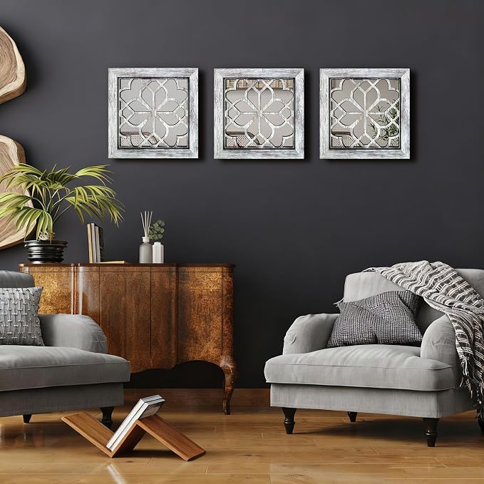 Set of 4 Boho Wall Mirrors with Carved Floral Design, 12x12 Inch Rustic Farmhouse Accent Mirrors, Vintage Style Shatterproof Square Mirror Decor for Living Room, Bedroom(Grey) - Image 6