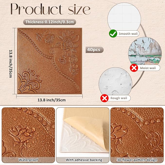 Nuanchu 40 Pcs 13.8 x 13.8 Inch Ceiling Tiles Peel and Stick, Copper | Foam White 3D Wall Panels 26-105.5 Sq. ft Adhesive Glue up Waterproof Wallpaper for DIY Office Home - Image 2