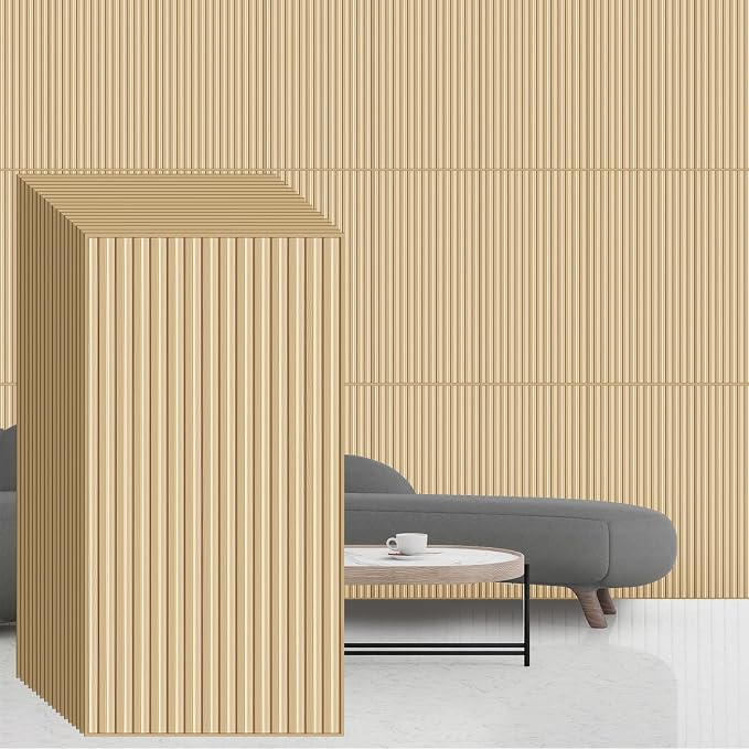 Nuanchu 18 Pack 4x2 FT 3D Slat Wall Panels Large PVC Fluted Panel Decorative Cuttable Glue up Drop Ceiling Tiles for Interior Wall Art Living Room Bedroom Bathroom TV Background Studio(Oak) by Nuanchu