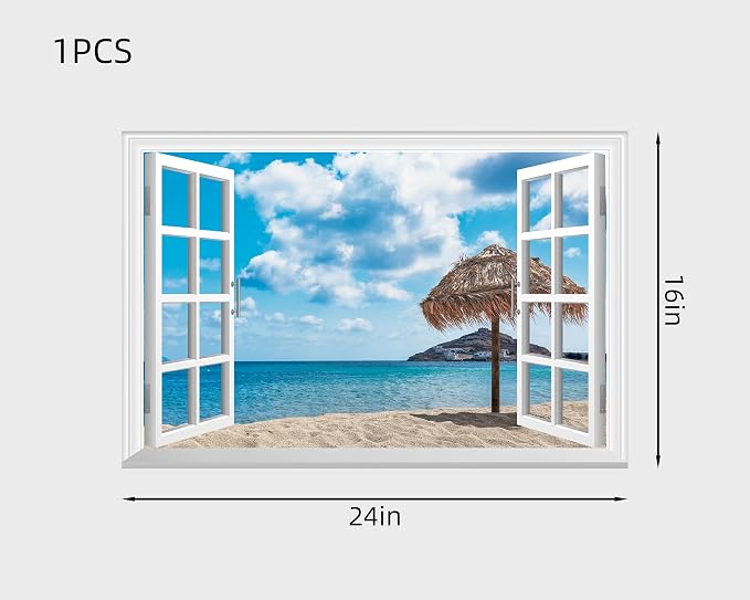 FLFK Fake Window Wall Decal - Ocean Beach Faux Window Wall Mural for Wall Decor, Peel and Stick Wall Sticker,24"x16" - Image 2