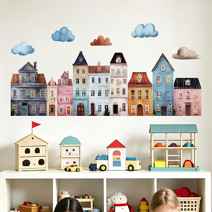 Watercolor Towns Village Wall Decal, Peel and Stick Nursery Mural Wall Stickers for Kids, Boys and Girls Room, Bedroom & Toddler Room Decor by Unknown
