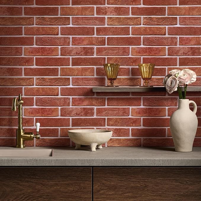 COMSTICKC 3D Faux Brick Wall Panels Peel and Stick Decorative Tiles Sticker | Red, 12 Pcs 22.8" x 11.8", Not Real Brick, Ultra-Light Thin PVC Fake Brick Backsplsh for DIY Wall Makeover, Cover 22.48 sq ft - Image 2