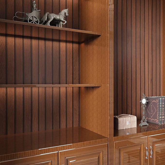 VEELIKE Dark Walnut Wood Slat Wallpaper Peel and Stick Wood Grain Panel Wallpaper for Bedroom Bathroom Accent Walls 24''x354'' Wide Self Adhesive Wooden Slat Vinyl Wall Covering for Kitchen Home Decor - Image 6