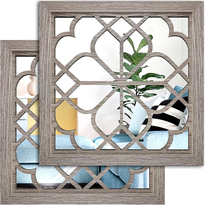 Wocred Set of 2 Farmhouse Square True Mirrors,Vintage Style Barn Wood Wall Decor, Accent Mirrors for Bathroom Renovation,Bedrooms,Living Rooms (12”x12”) by Wocred