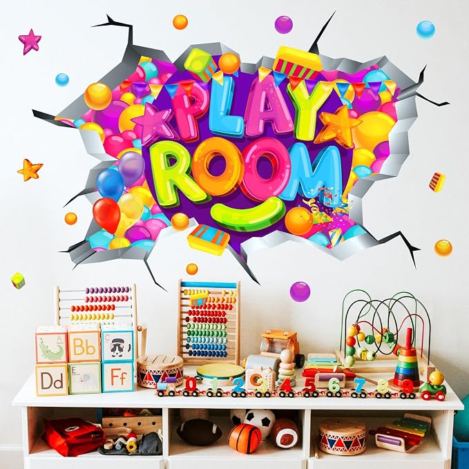 Kids Playroom Wall Decals Colorful 3D Broken Wall Stickers Peel and Stick | Playroom sign, removable vinyl art wall murals, colorful inspirational decoration, for classroom nursery baby bedroom school by kokolap