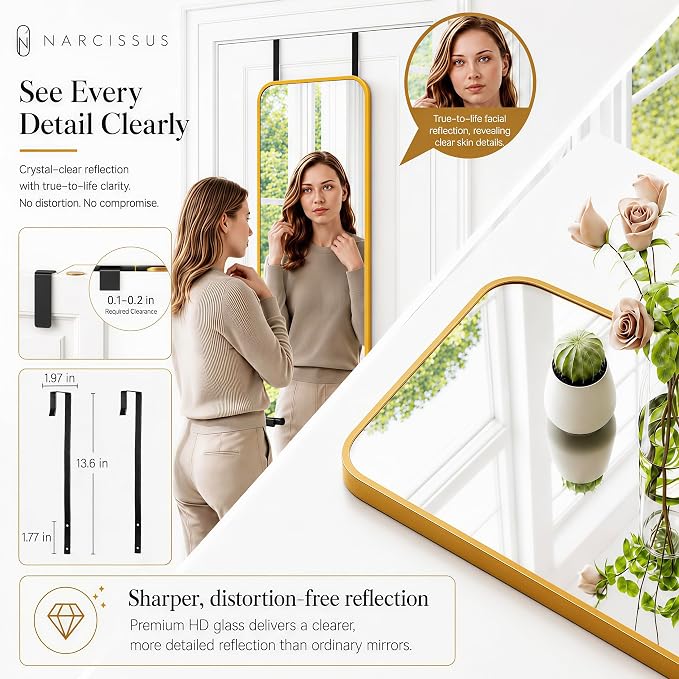 NARCISSUS Over the Door Full Length Mirror 47x14 Inch, Wall Mounted Dressing Mirror, Door Hanging Full Body Mirror HD Reflection Glass for Bedroom, Aluminum Alloy Frame Gold - Image 7