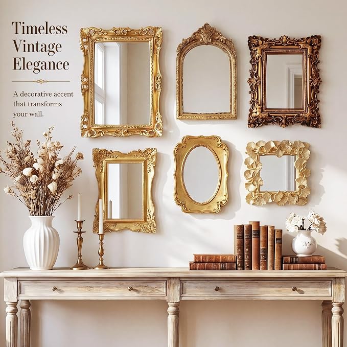 Kathfly 6 Pack Vintage Gold Mirror for Wall Gold Antique Wall Hanging Mirrors for Bedroom Decorative Resin Frame Baroque Style Assorted Sizes Tabletop Tray for Gallery Home Living Room Decor(Square) - Image 2