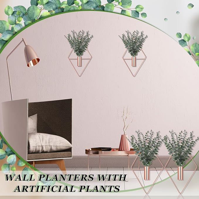 Jexine 8 Pcs Hanging Artificial Planters Wall Decor, Rose Gold, Eucalyptus | Bathroom Wall Decor, Geometric Metal Vase, Indoor Plants, Living Room, Home Office, Entryway, Boho Accent, Wall Mounted - Image 5
