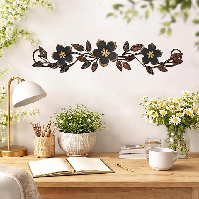 Wesiti Metal Flower Wall Decor Wrought Iron Scroll 15.7x3.7,Black | Vintage Metal Flower decor,Farmhouse Leaf Art with Nails, Flat Not 3D Design, For Bedroom Kitchen Indoor Outdoor Wall Decor - Image 3