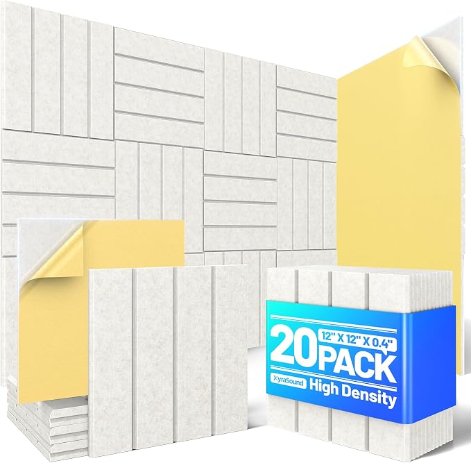 20 Pack Sound Proof Foam Panels for Walls, Acoustic Panels Self-Adhesive | 12" X 12" X 0.4" Slatted Soundproof Wall Panel, High Density Sound Absorbing Panel for Gaming Recording Studio Decor-Ivory by Unknown