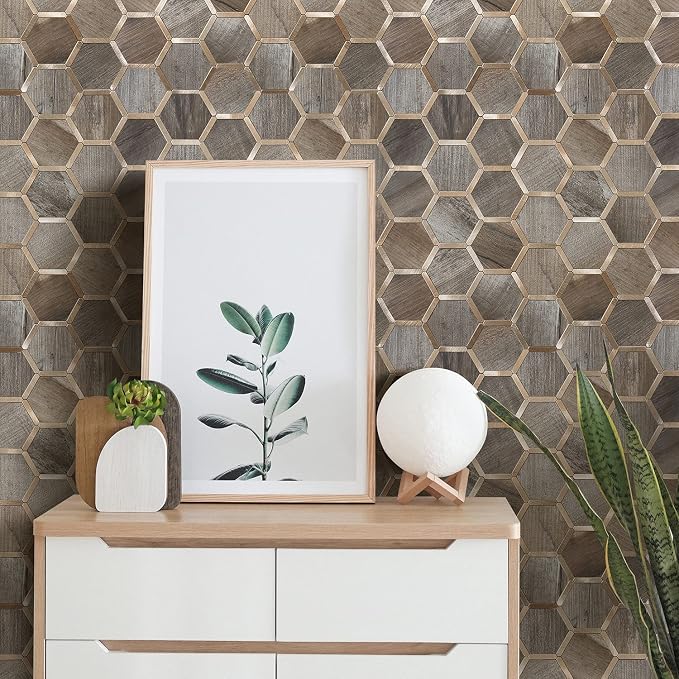 STICKGOO Hexagon Peel and Stick Backsplash Tile, Stick on Backsplash for Kitchen and Bathroom, Wood Texture PVC Mixed Metal Gold Self Adhesive Wall Tiles(10 Sheets, Seamless) - Image 6