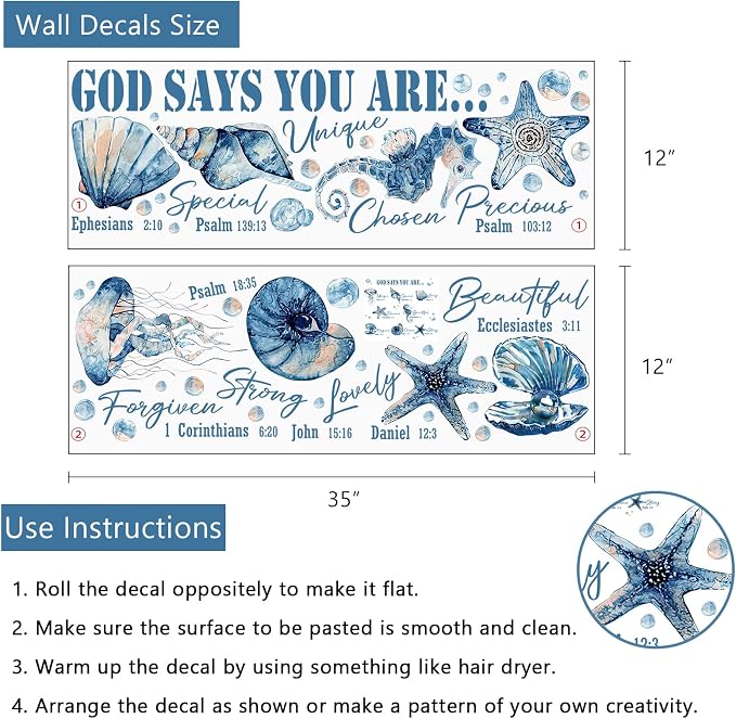 Yovkky Religious God Says You are Inspirational Wall Decals Stickers | Marine Animal Sea Shell Starfish Seahorse Jellyfish Home Bedroom Decor, Coastal Beach Ocean Living Room Kitchen Decorations - Image 2