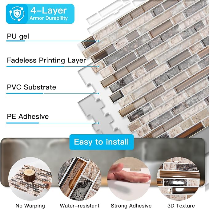 Art3d Linear Design Tile Peel and Stick Backsplash, 10-Sheet, Sandstone | 12 x 12 Inch, Enhanced Thickness, Warp Resistant, Strong Adhesion, Sturdy, for Kitchen, Bedroom, Ideal for Home Improvement - Image 7