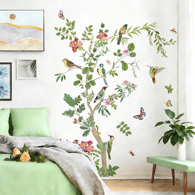 Large Green Tree Wall Decals Floral Tree Branch with Birds Peel and Stick Removable PVC Wall Stickers for Living Room Bedroom Nursery TV Background Home Art Decor - Image 5