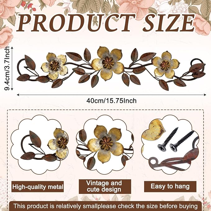 Wesiti Metal Flower Wall Decor Wrought Iron Scroll 15.7x3.7,Gold | Vintage Metal Flower decor,Farmhouse Leaf Art with Nails, Flat Not 3D Design, For Bedroom Kitchen Indoor Outdoor Wall Decor - Image 2