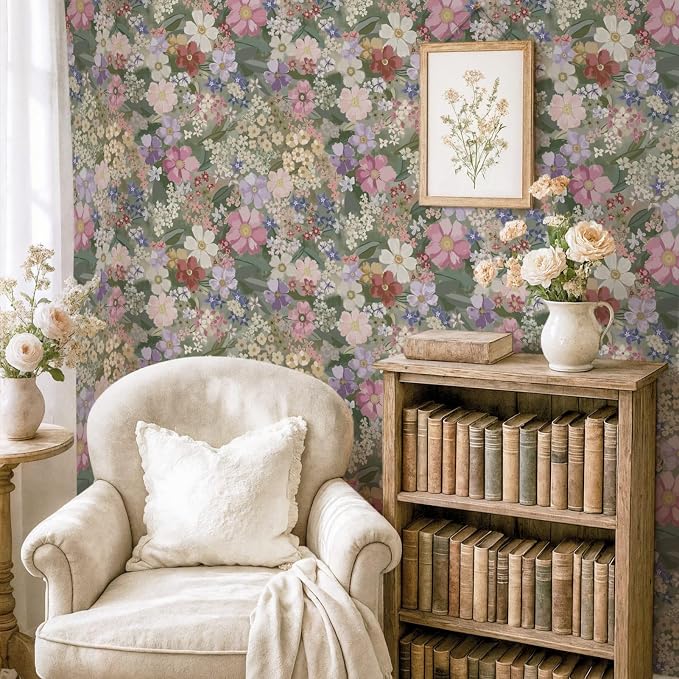 Ismoon Floral Peel and Stick Wallpaper Vintage Wallpaper 17.3in x 6.56ft Pink/Green Floral Wall Paper Boho Waterproof Removable Self-Adhesive Wall Paper for Nursery Bedroom Shlef Cabinet Décor - Image 3