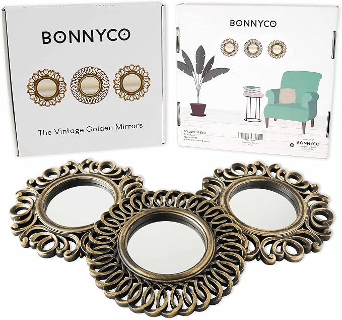 BONNYCO Wall Mirrors Pack of 3, Round Gold Mirrors for Home Decor Bedroom and Living Room. Espejos Decorativos de Pared Sala Dormitorio, Circle Wall Decor Minimalist Vintage Chic. Gifts for Women Mums - Image 2