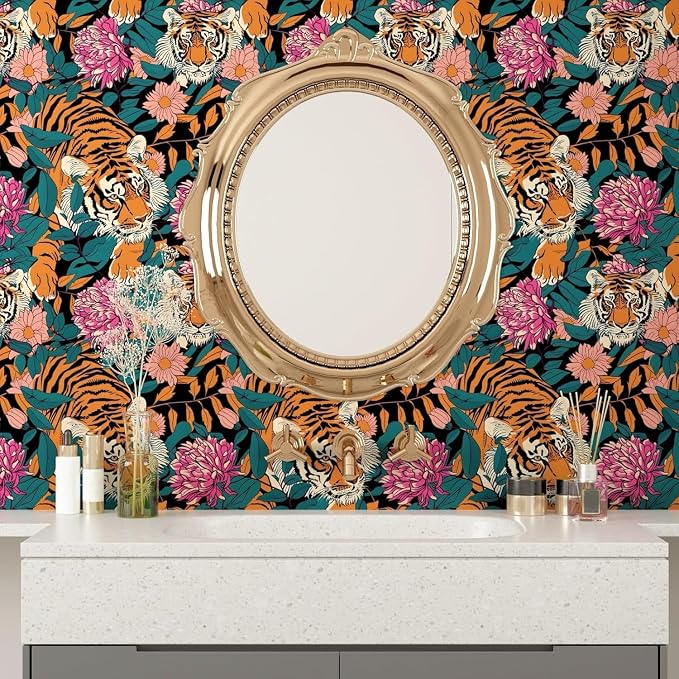 BOKEBEVE Tiger Floral Wallpaper Peel n Stick Vintage Orange 17.5 x 393.5In | Extra Long Removable Renter Friendly Jungle Tiger Wall Paper for Bedroom Bathroom Living Room Feature Accent Wall - Image 2