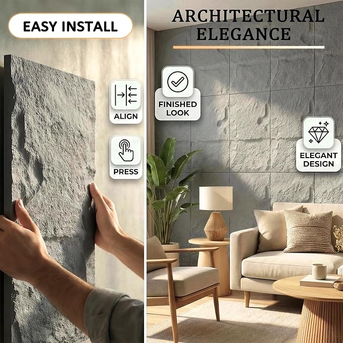 3D Faux Stone Wall Panels， 4 PCS PU Wainscoting Panel 47.2" x 23.6"×1.18 | Light Gray - Image 4