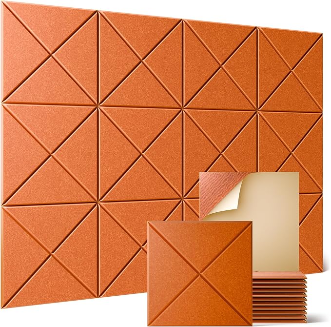 Sonicism 12 Pack X-Lined Acoustic Panels with Self-Adhesive, 12"X 12"X 0.4" Sound Proof Foam Panels, Decorative Soundproof Wall Panels, Sound Absorbing Tile for Home & Offices, Orange by Sonicism