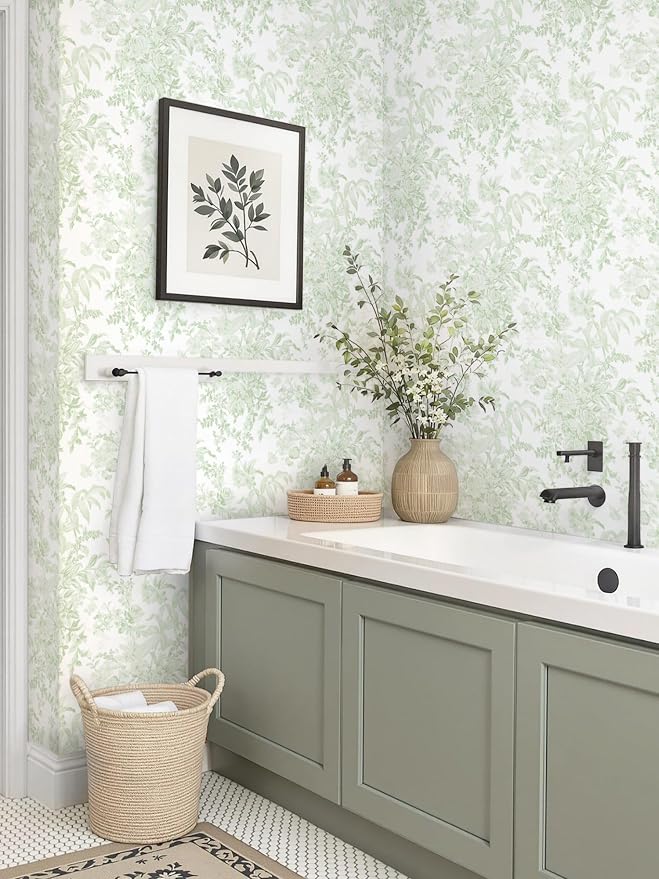 Heroad Green Floral Wallpaper Peel and Stick Wallpaper Flower Contact Paper Removable Self-Adhesive Wall Paper for Cabinets Bedroom Bathroom Stick on Walls Papel Tapiz para Pared 17.3''x78.7'' - Image 4