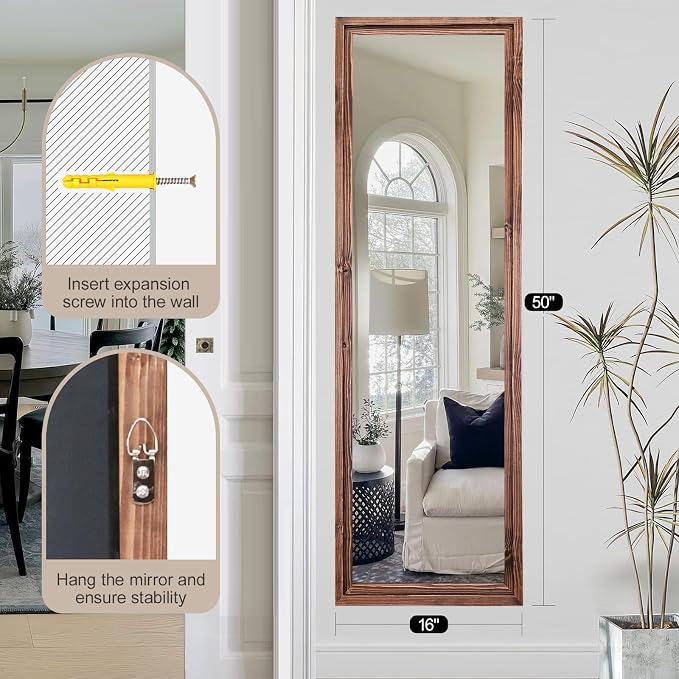 50"x16" Door Mirror, Rustic Full Length Mirror, Over The Door Hanging Mirrors Full Length, Wooden Hanging Mirrors for Bedroom, Bathroom, Brown - Image 7