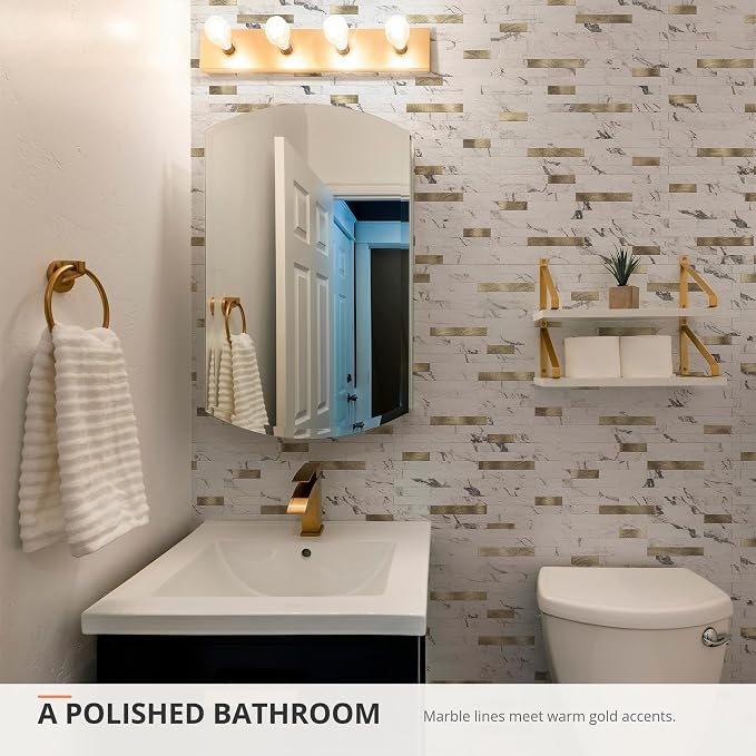 StyloVue 20 Sheets Peel and Stick Backsplash for Kitchen, Volakas White Marble Look with Gold Metal, Stick on Tile for Kitchen Backsplash, RV, Fireplace - Image 2