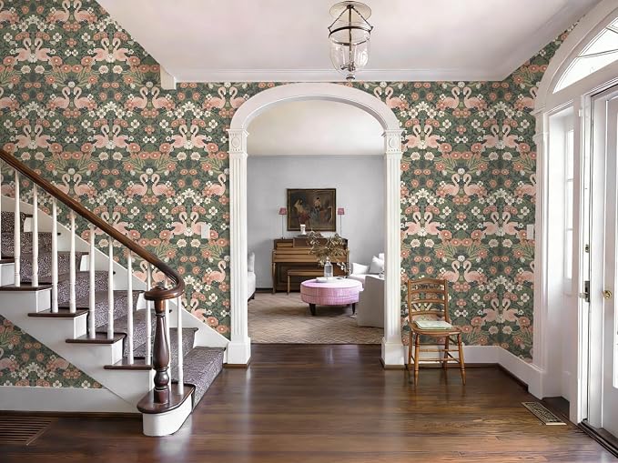 Heroad Vintage Peel and Stick Wallpaper Floral Flamingo Contact Paper Sage Green William Morris Wall Paper Removable Renter Friendly Wallpaper for Bedroom Nursery Farmhouse Vinyl Rolls 17.3''X 196'' - Image 9