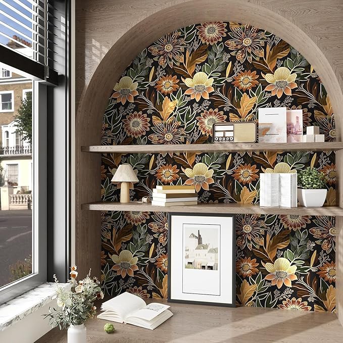 Laatse Boho Dark Black Gold Floral Wallpaper Peel and Stick 17.5"x118" | Self Adhesive/Removable/Waterproof/Thick Vinyl Contact Paper for Bathroom Bedroom Shelf Cabinet Drawer,Prepasted,Easy Peel - Image 5