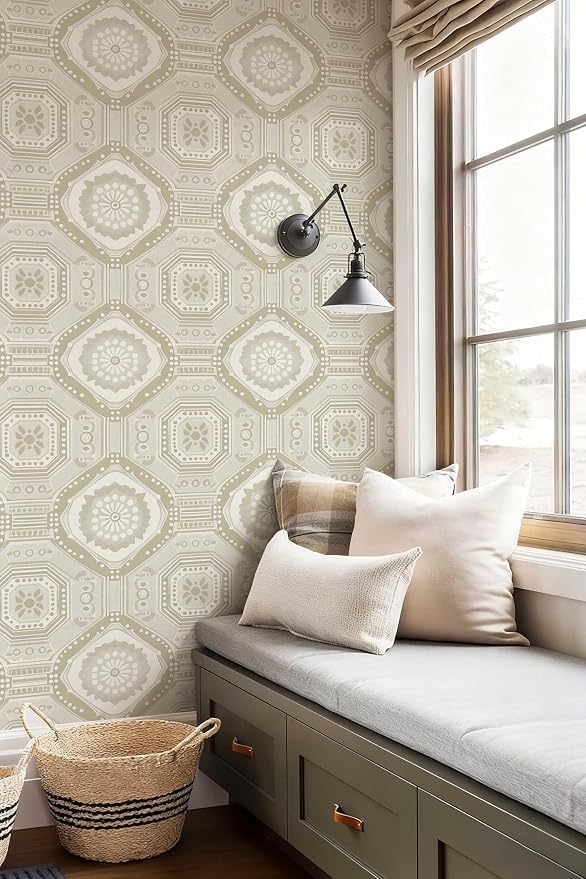 Neutral Vintage Wallpaper Tile Botanical Peel and Stick Wallpaper | Beige geometric floral tile seamless print, Removable waterproof vinyl wall covering, bedroom accent wall decor - Image 3