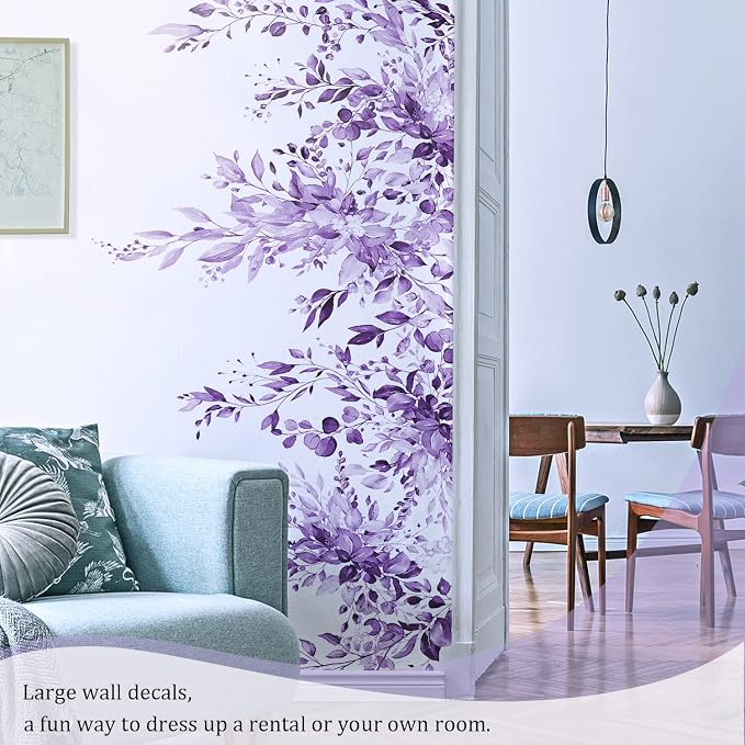 Purple Plants Leaves Wall Decals Peel and Stick, Large Floral Flowers Wall Stickers, Removable Vine Home Decor Art for Bedroom Living Room Classroom Office - Image 7