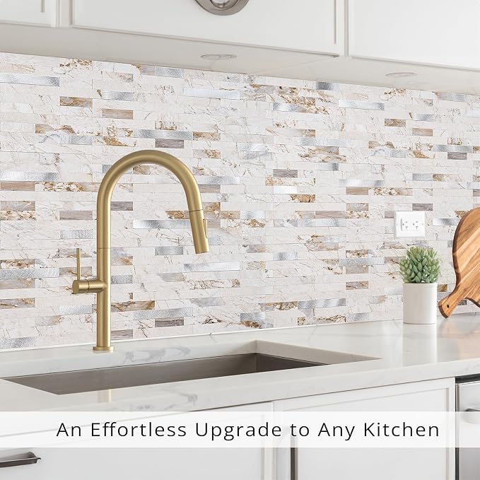 StyloVue 20 Sheets Peel and Stick Backsplash for Kitchen, 2026 Upgraded Ivory Calacatta Marble Look with Silver Metal Accents, Glossy Finish, Stick on Tile for Kitchen Backsplash, RV, Fireplace - Image 9