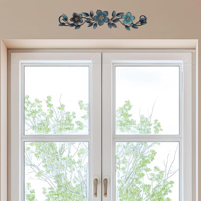 Wesiti Metal Flower Wall Decor Wrought Iron Scroll 15.7x3.7,Blue | Vintage Metal Flower decor,Farmhouse Leaf Art with Nails, Flat Not 3D Design, For Bedroom Kitchen Indoor Outdoor Wall Decor - Image 6