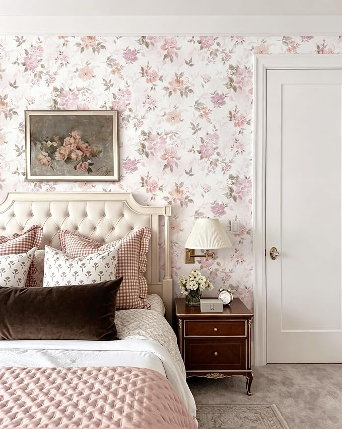 Floral Peel and Stick Wallpaper Pink Wall Paper Vintage Farmhouse Contact Paper Slef Adhesive Removable Wallpaper Watercolor Vinyl Waterproof for Living Room Bedroom Kitchen Bathroom 17.3"×197" - Image 7