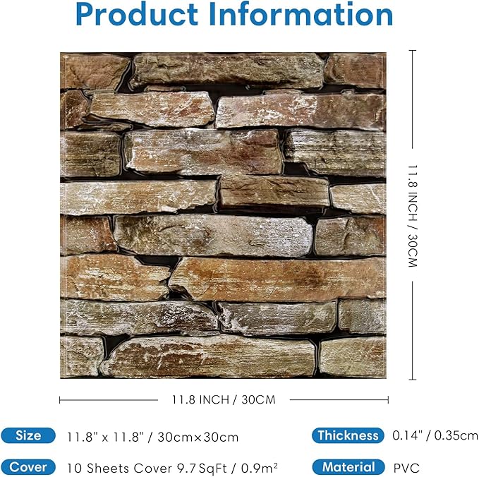 COMSTICKC 3D Faux Stone Wall Panels Peel and Stick, 10 Pcs 11.8" x 11.8" | Dark Brown, Not Real Stone, Ultra-Light Thin PVC Fake Rock Wall Sticker Covering for Easy DIY Interior Decor, Cover 9.7 sq ft - Image 3