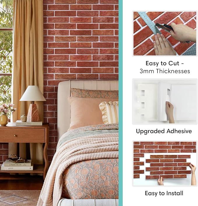 Commomy Peel and Stick Faux Brick 3D Wall Panels 12 pcs of 22.8" x 11.8" | Thin & UrltraLight PVC Fake Brick Wall Paneling for Living Room,Home Office Interior Home Wall Decor(Covers 22.48 sq.ft) - Image 6