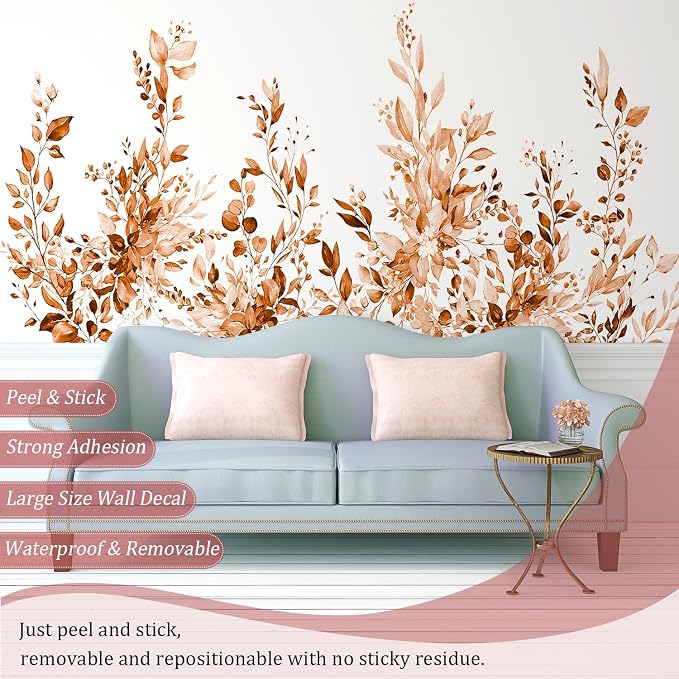 Orange Plants Leaves Wall Decals Peel and Stick, Large Floral Flowers Vinyl Wall Stickers, Removable Vine Home Decor Art for Bedroom Living Room Classroom Office - Image 3
