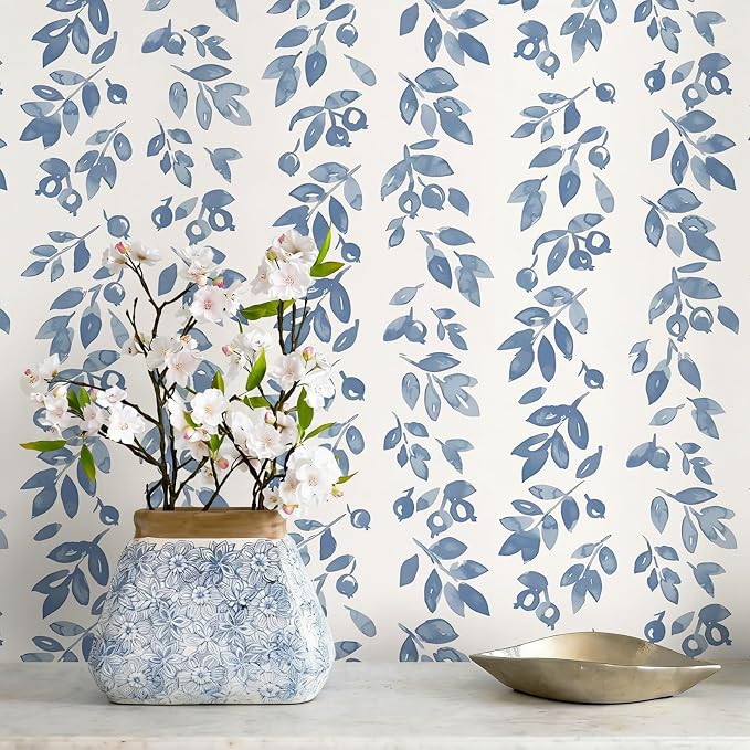 Ismoon Blue Wallpaper Peel and Stick Vintage Wallpaper 17.3in x 16.4ft Blue Leaf Contact Paper Vintage Cottage Wall Paper for Bedroom Bathroom Kitchen Nursery Removable Vinyl by Ismoon