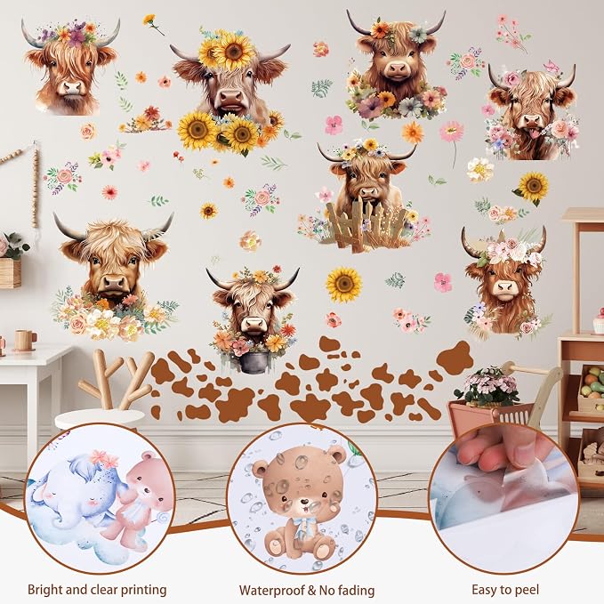 Wxiben Highland Cow Wall Decals, Cow Print Room Wall Murals Decor | Wall Stickers Decor, Removable, Peel and Stick, for Bedroom Nursery Playroom Bathroom Living Room Wall Decor - Image 3