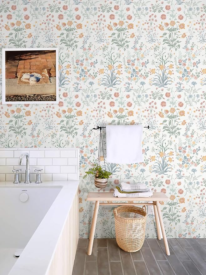 Floral Peel and Stick Wallpaper Vintage Wallpaper Colorful Wall Paper Wildflower Contact Paper for Cabinets Vinyl Renter Friendly Waterproof Self-Adhesive Bathroom Kitchen Bedroom 78.7"×17.3" - Image 4