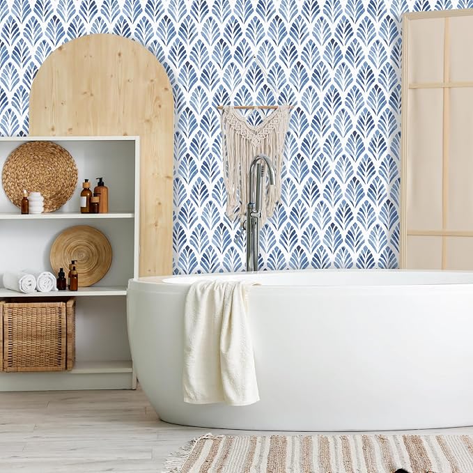 RUSPEPA Blue Leaf Peel and Stick Wallpaper, Watercolor Botanical Coastal Design, Self-Adhesive Waterproof Contact Paper for Accent Wall, Bedroom, Bathroom, Cabinet, Home Décor, 17.3 Inch x 6.5 Feet - Image 2