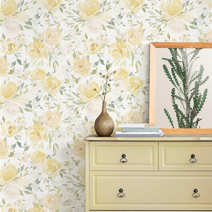 Ismoon Yellow Floral Peel Stick Wallpaper Boho Stick on Wallpaper | Watercolor Contact Paper for Cabinet Removable Self Adhesive Vinyl Wallpaper for Girl Bedroom Accent Wall Decor 17.3x393in by Ismoon