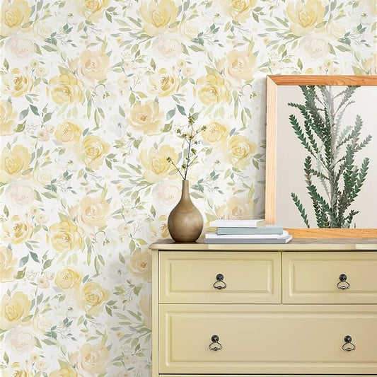 Ismoon Yellow Floral Peel Stick Wallpaper Boho Stick on Wallpaper | Watercolor Contact Paper for Cabinet Removable Self Adhesive Vinyl Wallpaper for Girl Bedroom Accent Wall Decor 17.3x78.7in by Ismoon