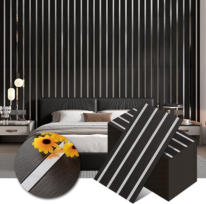 Haimin 3D Wall Panels Wood Grain Slat, 10Pcs 23.6"x11.6" Peel and Stick Self-Adhesive Textured Paneling, Easy DIY Light Luxury Decor for Bedroom Living Room Home (Black Oak with Silver) - Image 7
